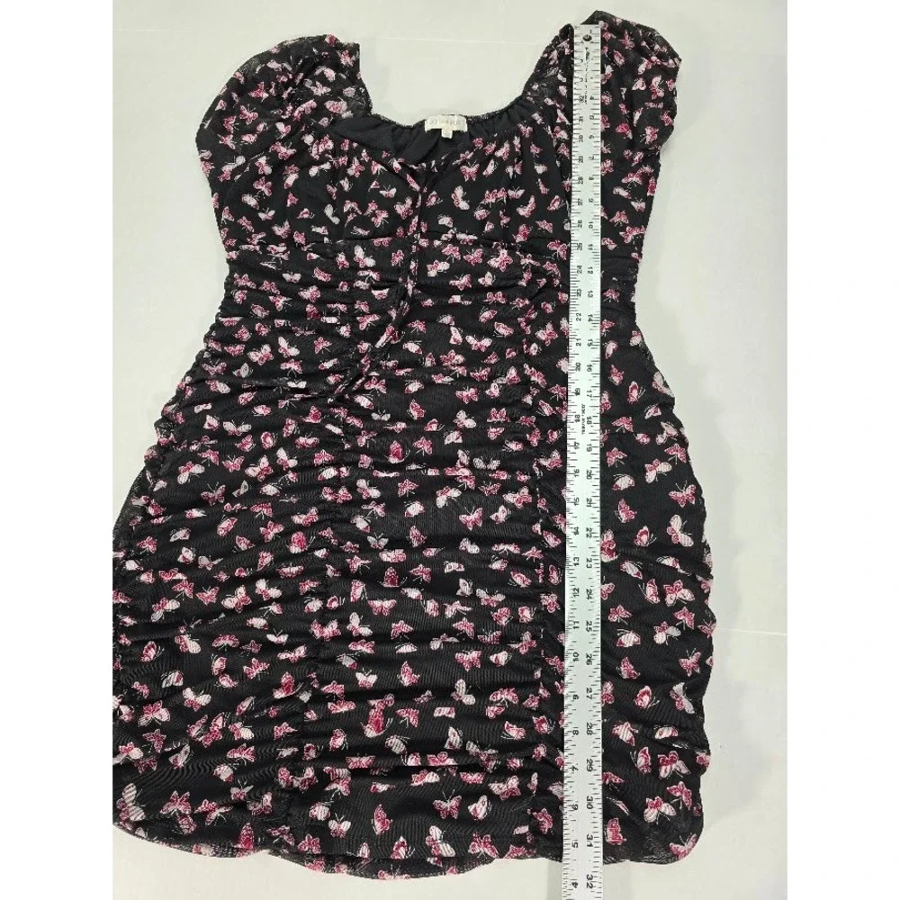 Ultra‎ Flirt Women's XS Bodycon Mini Dress Black Pink Butterfly Print Ruched XL